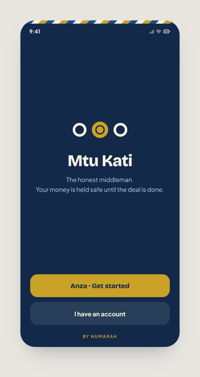 Splash screen: the Mtu Kati mark on navy with the brand tagline and the button ‘Anza · Get started’