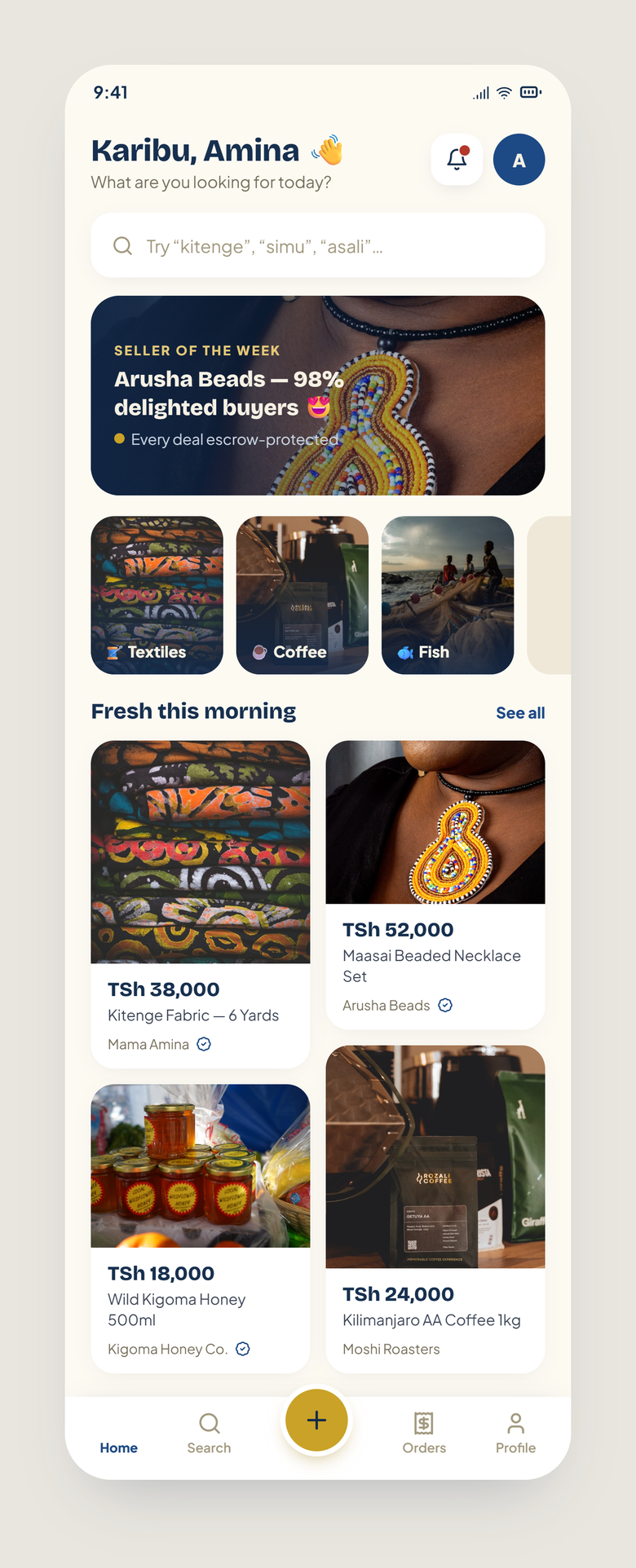 Home screen: ‘Karibu, Amina’ greeting, search bar, seller of the week, and a staggered feed of items with prices in shillings