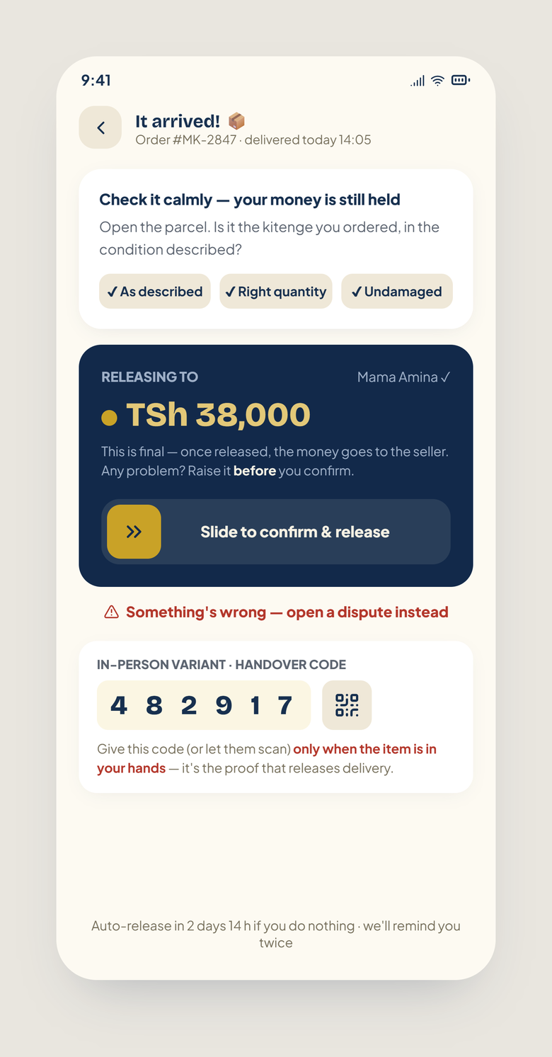 Confirm delivery screen: ‘It arrived!’ with inspection checks and a slide-to-confirm control that releases the money